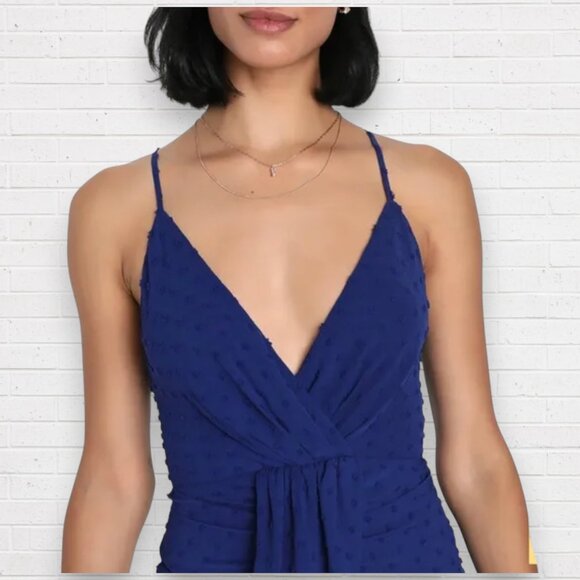 NWT LULU'S Stylish Invite Dark Blue Swiss Dot Surplice Midi Tulip Lulu Dress L - Picture 2 of 11